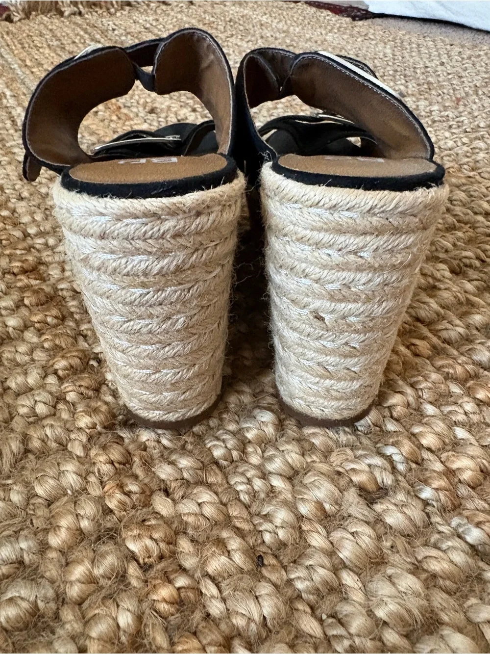 bp Black Suede Espadrille Wedge Mules with Buckles